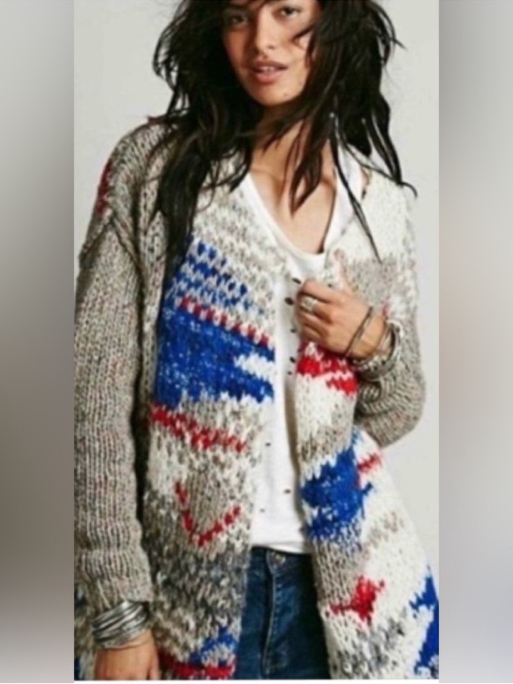 Free People Fireworks Chunky Open-Front Cardigan in Cream, Blue & Red